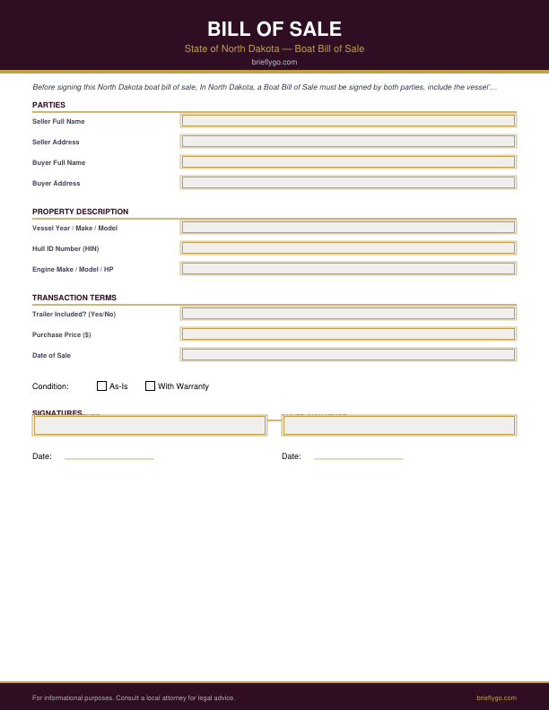 North Dakota Boat Bill of Sale — Executive
